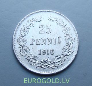 1916 S Finland Russia 25 Pennia Old Silver Coin - 1032 photo