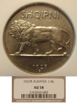 1927 Albania (kingdom) 1/4 Leku Certified Coin Ngc Au 58 Km 3 photo