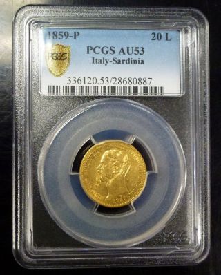 1859 - P 20 Lire Gold Pcgs Au53 Italy - Sardinia Low Mintage.  1866 Agw photo