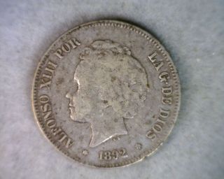 Spain 5 Pesetas 1892 Very Fine Silver Espana Coin photo