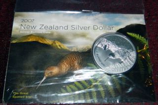2007 Zealand $1 Spotted Kiwi - 1oz.  Silver Coin On Card - Very Rare photo