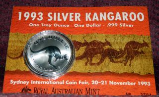 1993 Australia $1 Kangaroo 1oz Silver Coin On Card - Rare Coin Fair Edition photo