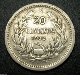 Chile 20 Centavos Coin 1932 Km 167.  3 Defiant Condor On Rock photo