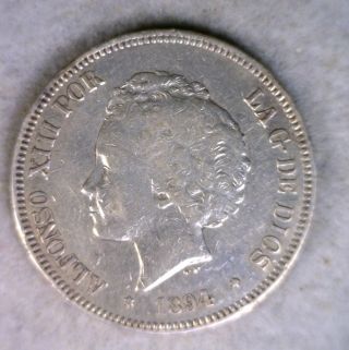 Spain 5 Pesetas 1894 Very Fine Silver Espana Coin photo