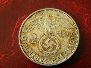 German 2 Mark 1937 J Silver Coin With Eagle 1371 photo