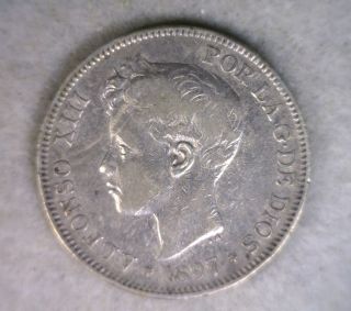 Spain 5 Pesetas 1897 Very Fine Silver Espana Coin photo