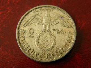 German 2 Mark 1937 F Silver Coin With Eagle 1376 photo