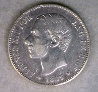 Spain 5 Pesetas 1885 Very Fine Silver Espana Coin photo