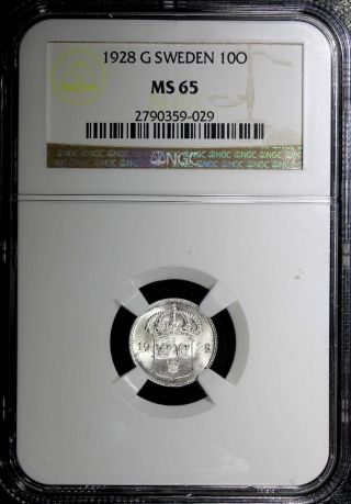 Sweden Gustaf V Silver 1928 G 10 Ore Ngc Ms65 Top Graded Km 780 photo