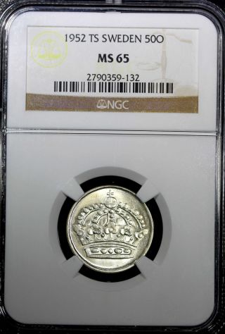 Sweden Gustaf Vi Silver 1952 Ts 50 Ore Ngc Ms65 Key Date Top Graded Km 825 photo