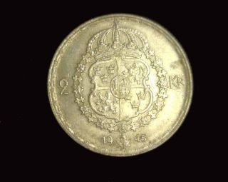 Sweden 2 Kronor 1945 Wwii King Gustav V Silver Coin Swedish Money Sveriges Arms photo