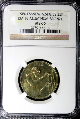 West African States Aluminum - Bronze Pattern Essay 1980 25 Francs Ngc Ms66 Km - E9 photo