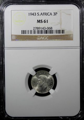 South Africa Silver George Vi 1943 3 Pence Ngc Ms61 Km 26 photo