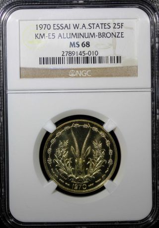 West African States Aluminum - Bronze Pattern Essay 1970 25 Francs Ngc Ms68 Km - E5 photo