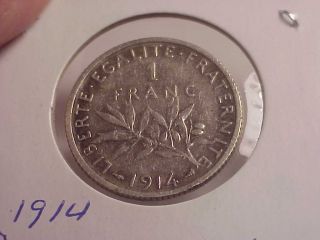 Lovely Silver 1 Franc 1914.  Scarce  100 Years Old photo