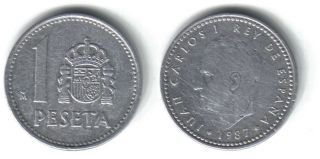 1987 - 1 Peseta - Spain - 1.  2000 G. ,  Aluminum,  21 Mm.  Ruler: Juan Carlos I photo