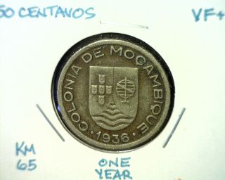 1936 Mozambique 50 Centavos Coin,  Vf,  Km 65 photo
