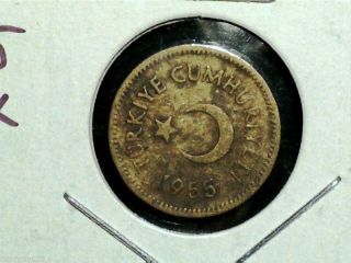 1955 Turkey,  5 Kurus,  Star Crescent,  Scarce World Coin photo