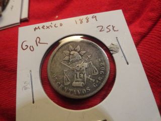 1889 Mexico 25 Centavos 130 Year Old 90% Silver Coin Gor. . . . . photo