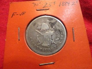 1884 Mexico 25 Centavos 130 Year Old 90% Silver Coin Zss photo