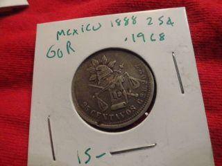 1888 Mexico 25 Centavos 130 Year Old 90% Silver Coin Gor photo