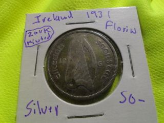 Ireland Republic Florin 1931 Old Silver Coin Better Grade Low 200k Key Date photo