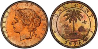 Liberia 1896 - H Bronze Cent Pcgs Sp64 Red - Brown Specimen Strike photo