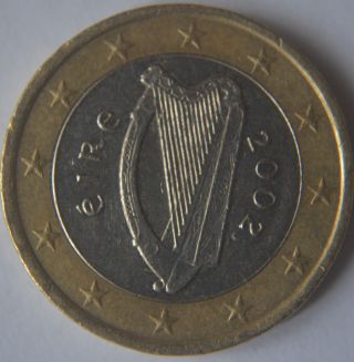 2002 Ireland Irland First 1 Euro Coin Very Very Rare Ie2 photo