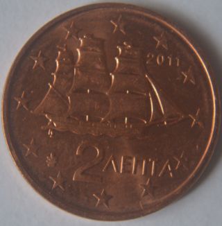 2011 Greece 2 Eurocent Coin Very Rare Gr1 photo