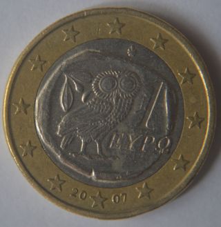 2007 Greece 1 Euro Coin Very Very Rare Gr2 photo