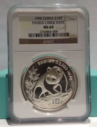 1990 China Silver Panda Ngc Ms69 Large Date 1 Oz 10 Y photo