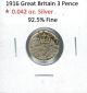 1916 Three Pence Silver.  925 Fine Great Britain World War Coin Great Detail UK (Great Britain) photo 1