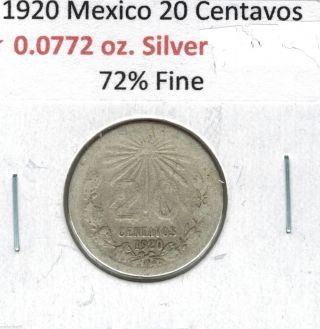 1920 Mexico 20 Centavos Silver Coin.  720 Fine Silver photo