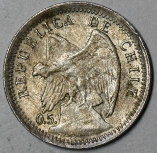 1907 Chile Unc Silver 10 Centavos (50% Silver Condor Bird) Coin photo