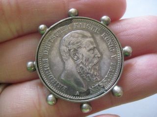 1888 A Zwei Mark Prussia Friedrich 111 Deutscher Silver Coin Pin Brooch C Clasp photo