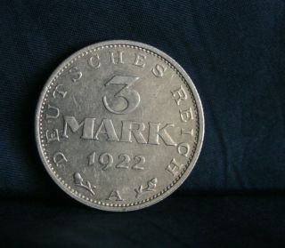 1922 German Weimar Republic 3 Mark World Coin Germany Imerial Eagle photo