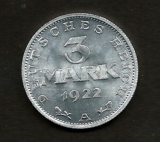 Coin German Deutsche Reich 3 Marks 1922 Mint/uncirculated (40 photo
