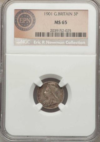 Great Britain Silver1901 3 Pence Ngc Ms65 Toning Km 777 Ex.  Newman Collect. photo