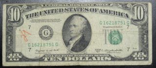 1950 C Ten Dollar Federal Reserve Note Chicago Fine Writing 8751g Pm3 photo