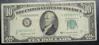 1950 C Ten Dollar Federal Reserve Note Chicago Fine Rust Spots 0391f Pm3 photo