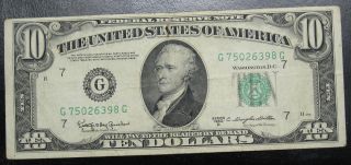1950 D Ten Dollar Federal Reserve Note Chicago Vf Lite Rust Mark 6398g Pm3 photo