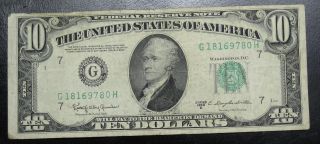 1950 D Ten Dollar Federal Reserve Note Chicago Vf 9780h Pm3 photo