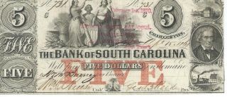 South Carolina Charleston Bank $5 1861 Signed/issued Red Overprint Low 731 photo