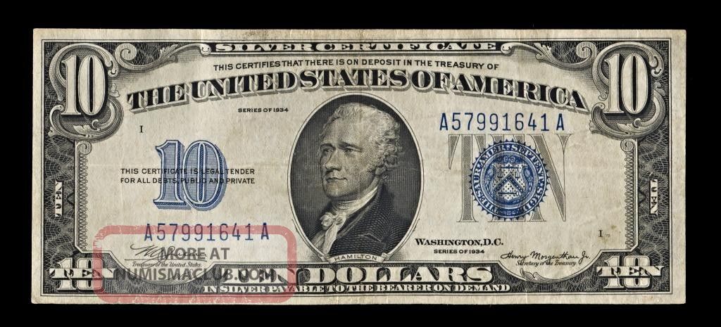 1934 $10 U.  S.  Silver Certificate - Blue Seal Deep Colors,  Crisp Xf Small Size Notes photo