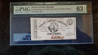 Graded 63 Crisp Uncirculated North Carolina 5 Cent 1863 Confederate Era Banknote photo