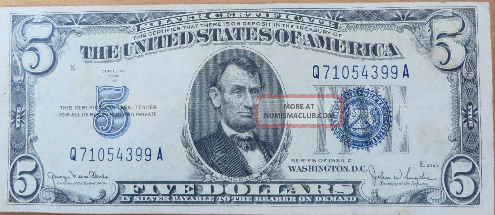 1934 D $5 Silver Certificate