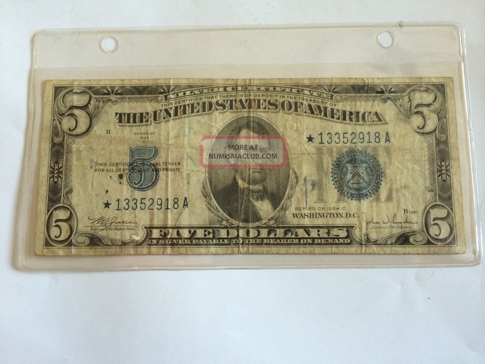 Series 1934 C $5 Silver Certificate Blue Seal With Star