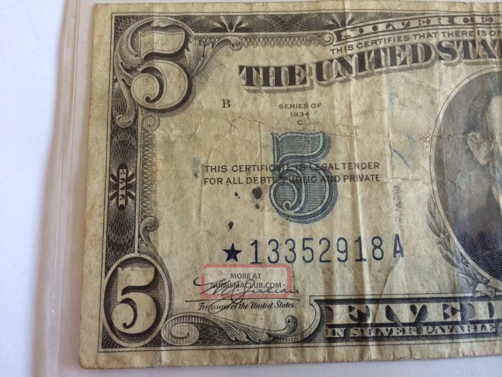 Series 1934 C $5 Silver Certificate Blue Seal With Star