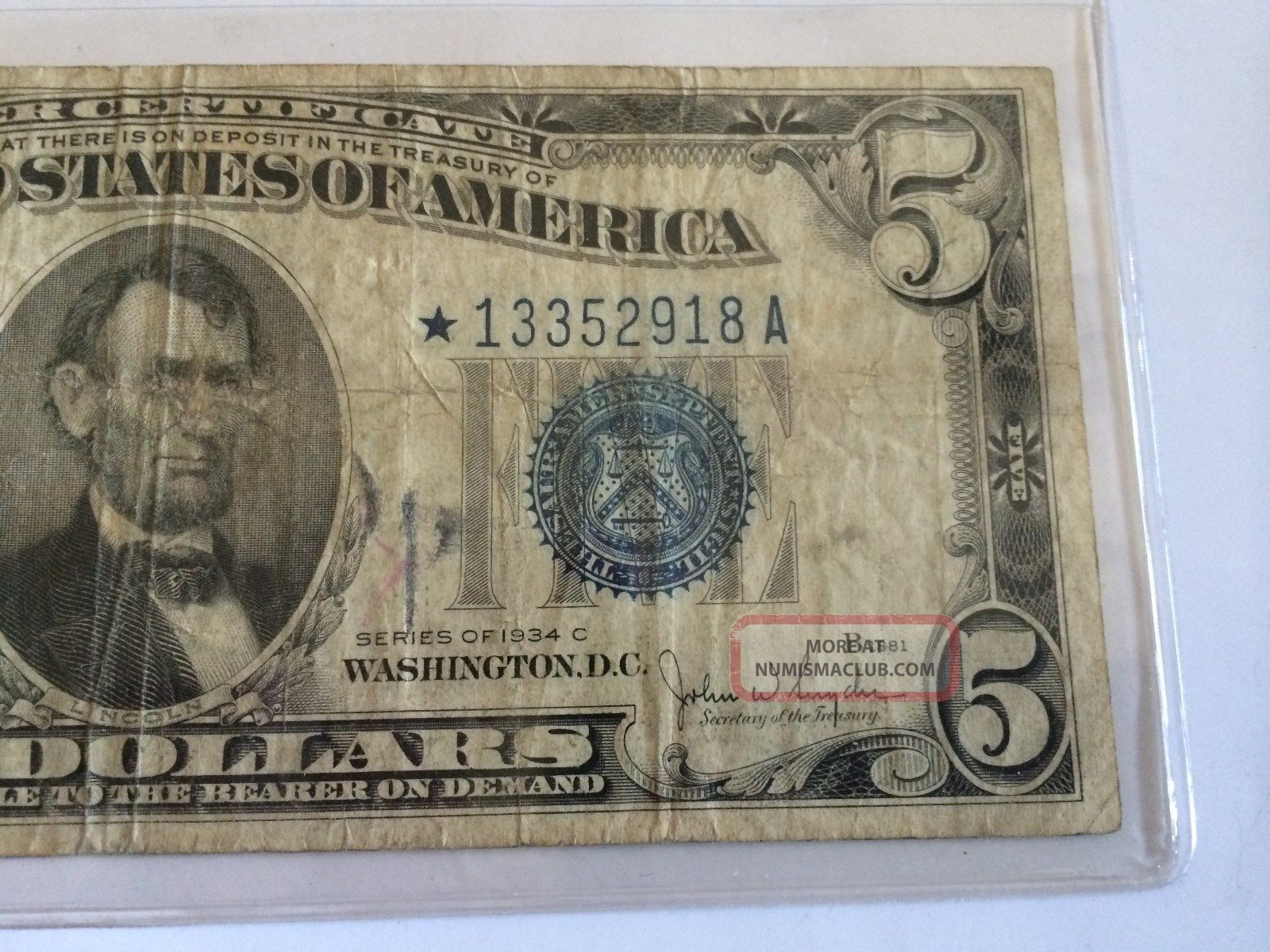 Series 1934 C $5 Silver Certificate Blue Seal With Star