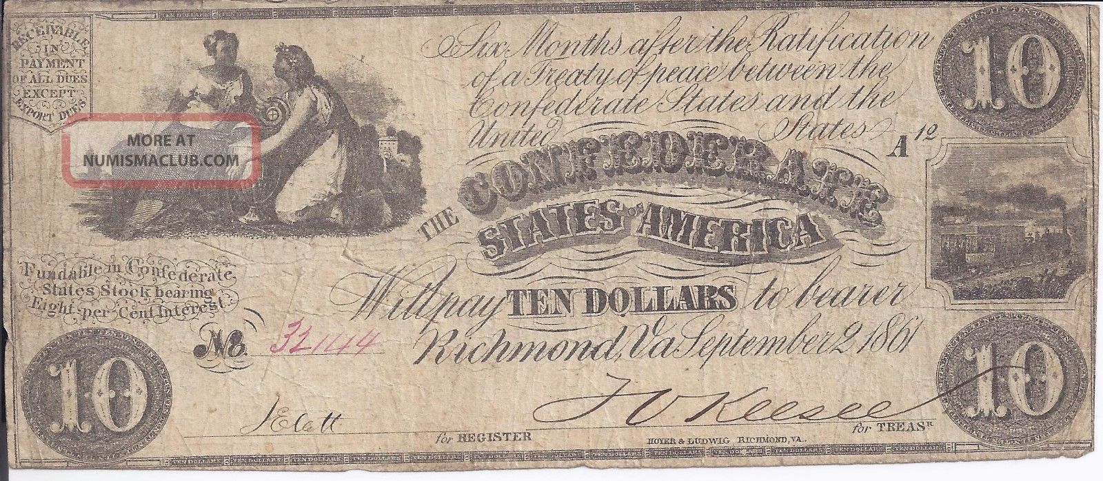 $10 1861 T - 28 Authentic Confederate States,  Richmond,  Rare Paper Money: US photo